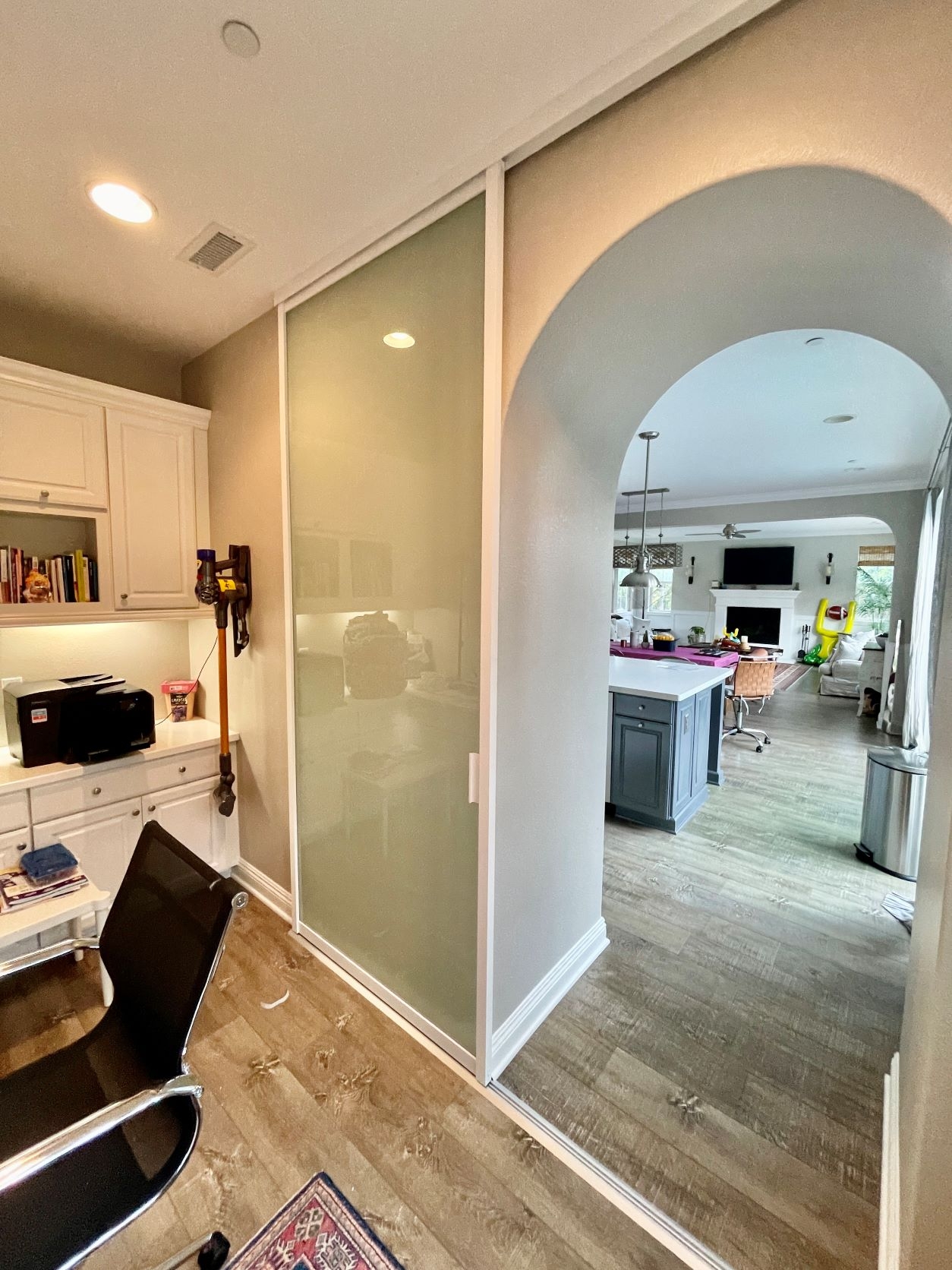 Sliding Wall Panel Glass Insert Transitional Office Design