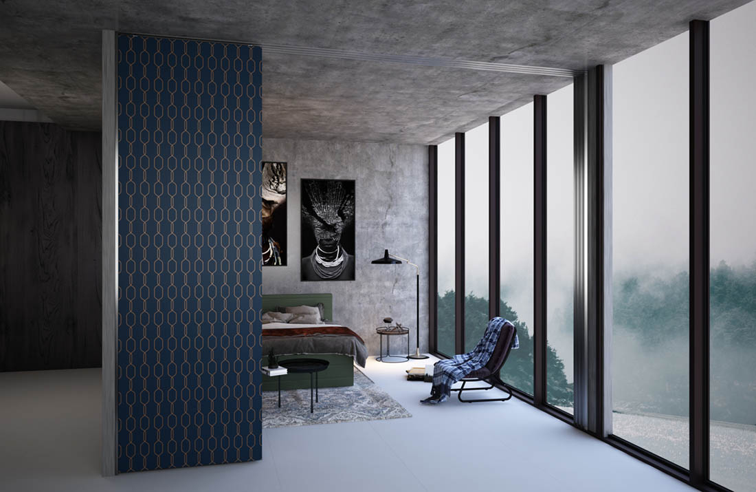 Sliding Wall System Navy and Gold Geometric Partition Wall