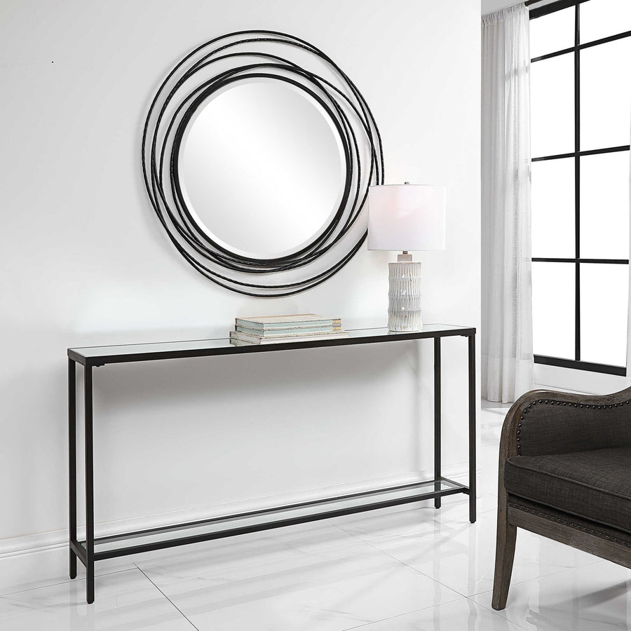 Slim Console Table with Mirrored Top and Black Frame