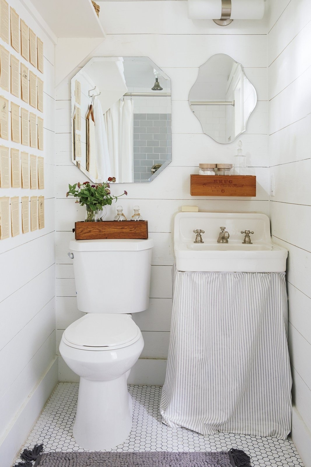 Small Bathroom with Sink Skirt and White Hex Tile Floor