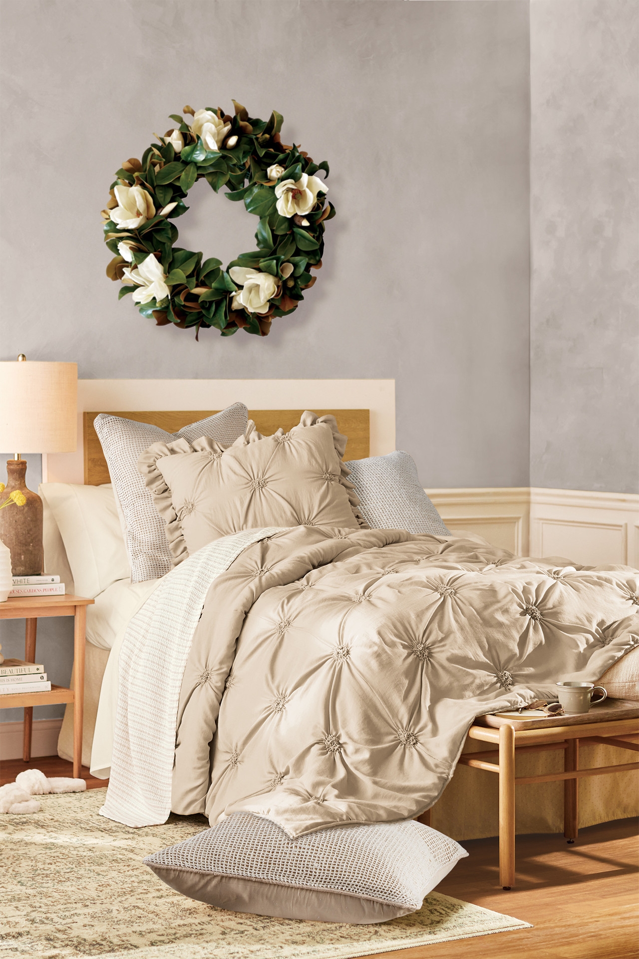 Smocked Coverlet featuring Tufting and Ruffled Trim Detail