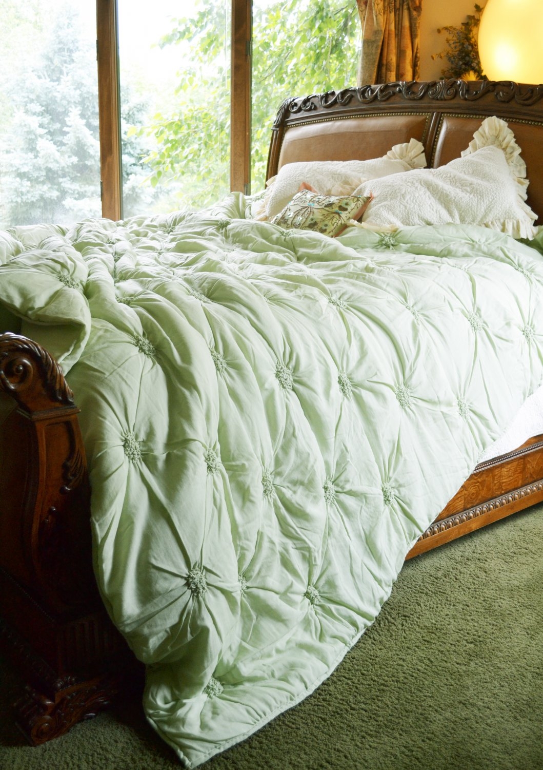 Smocked Coverlet with Sage Green Puckered Diamond Texture