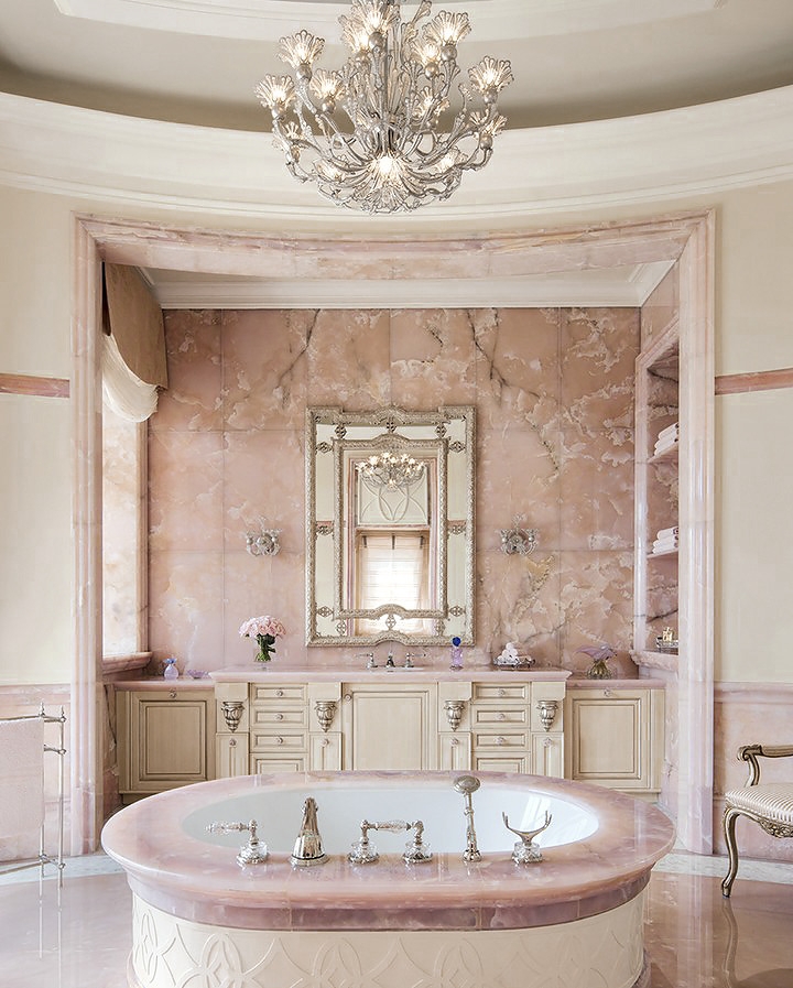 Soaking Tub Oval Pink Rose Onyx Walls Neoclassical Style
