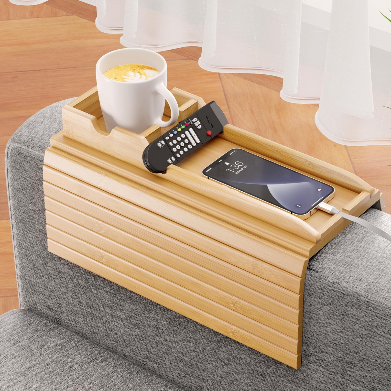 Sofa Armrest Tray Detachable Bamboo Space Saving Tray