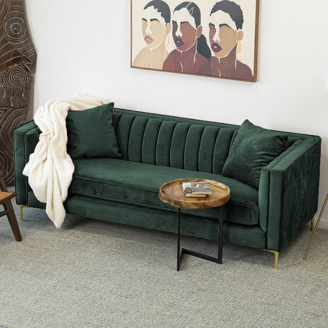Sofa Bench Seat Channel Tufted Back Gold Legs Green