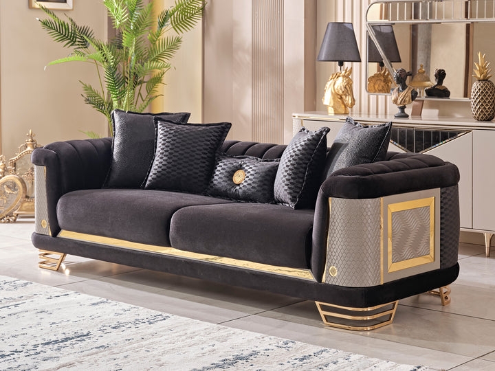 Sofa: Charcoal Black Velvet with Geometric Gold Base Design