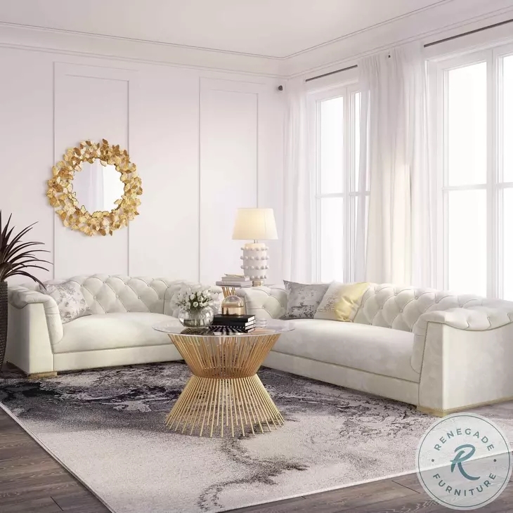 Sofa: Cream Velvet Tufted Sofa with Gold Pedestal