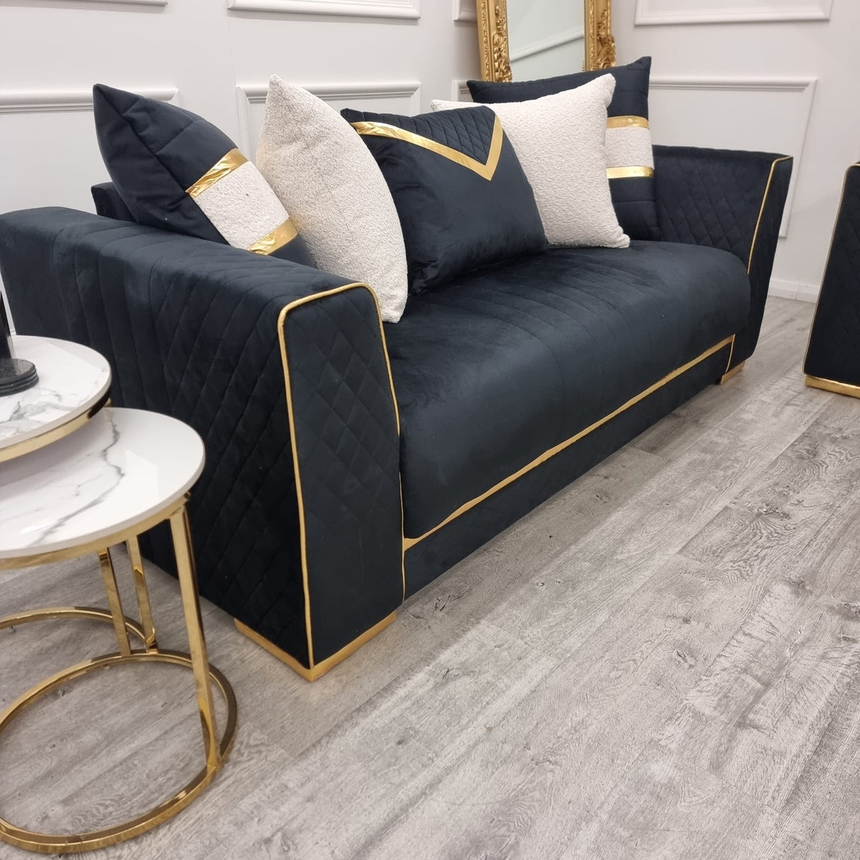 Sofa Diamond Quilted Arms Metallic Trim Black and Gold Sofa