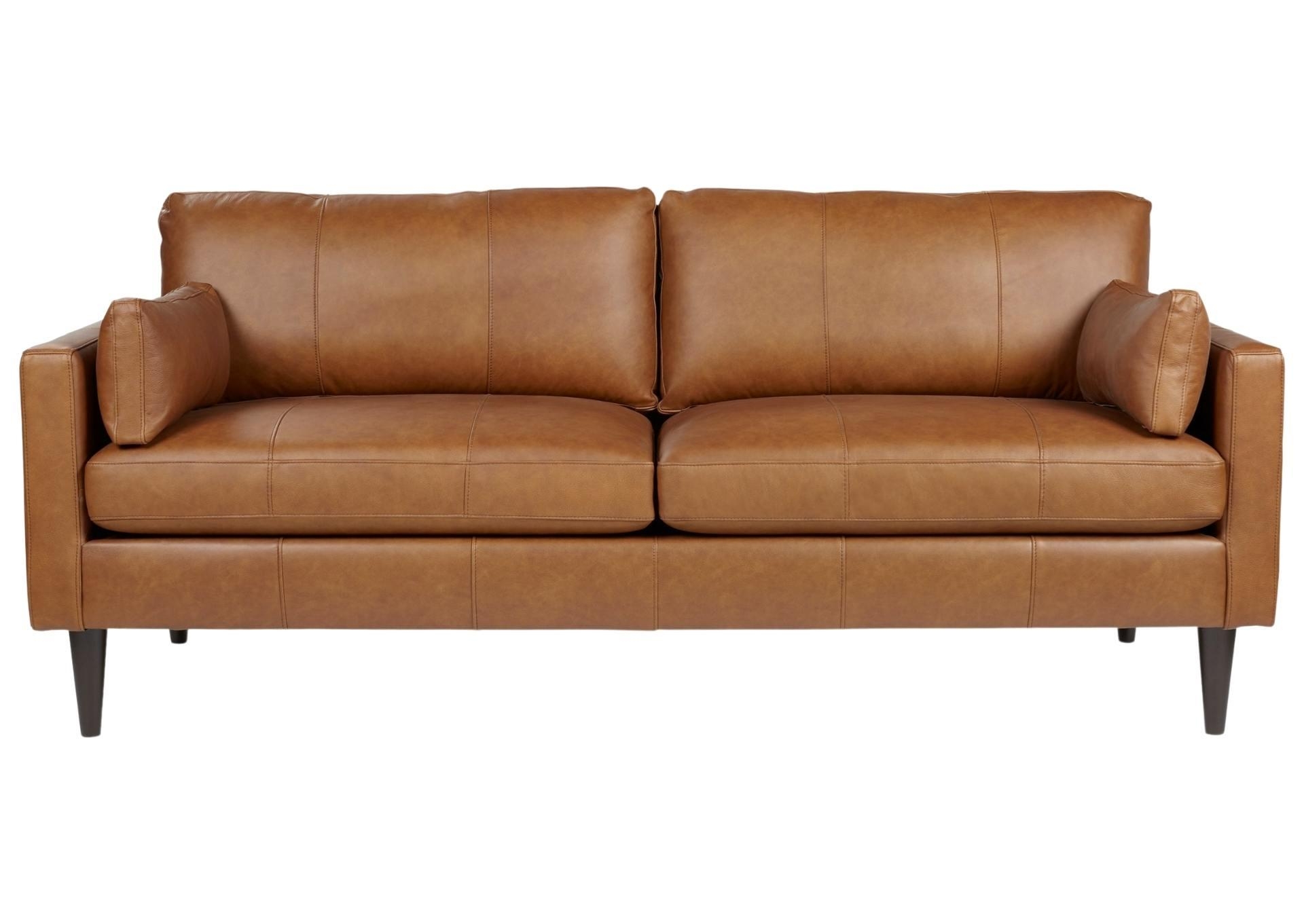Sofa featuring Rust Leather and Bolster Pillow Accents