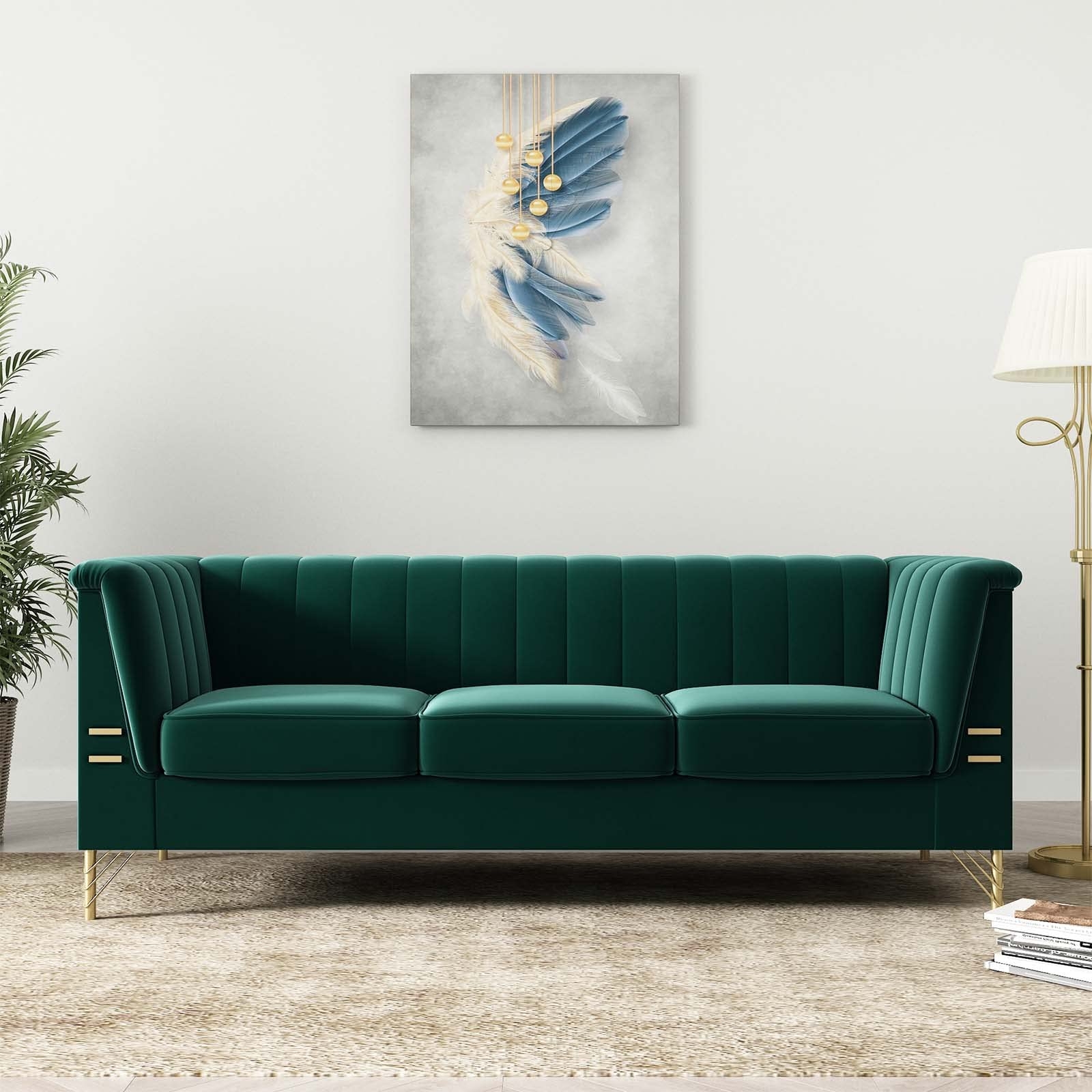 Sofa Gold Cross Braced Legs Vertical Channel Tuft