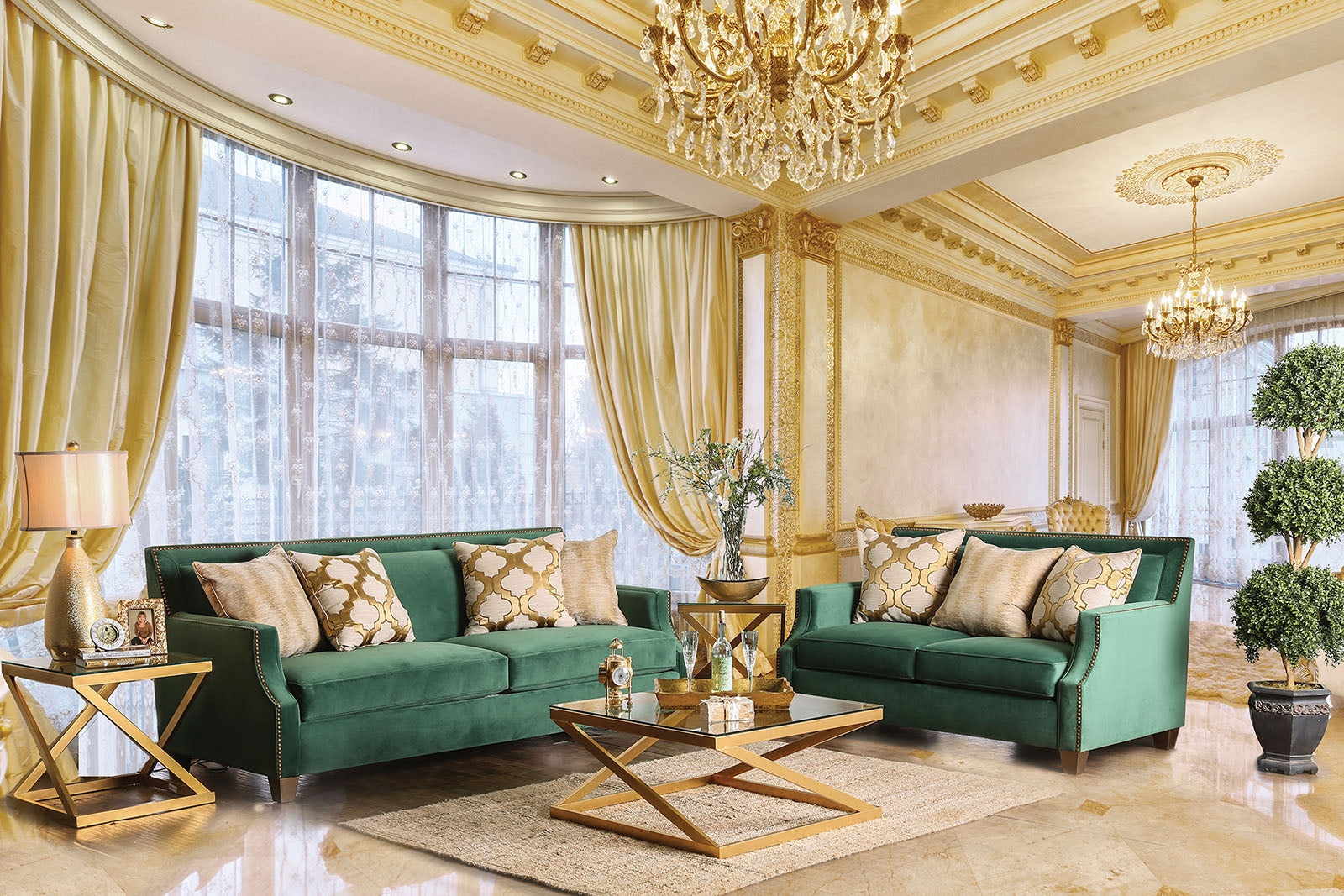 Sofa Gold Nailhead Trim X-base Coffee Table Emerald