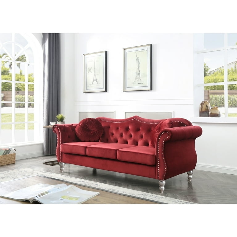 Sofa in Burgundy Velvet with Silver Nailhead Camelback