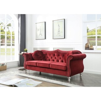 Sofa in Burgundy Velvet with Silver Nailhead Camelback