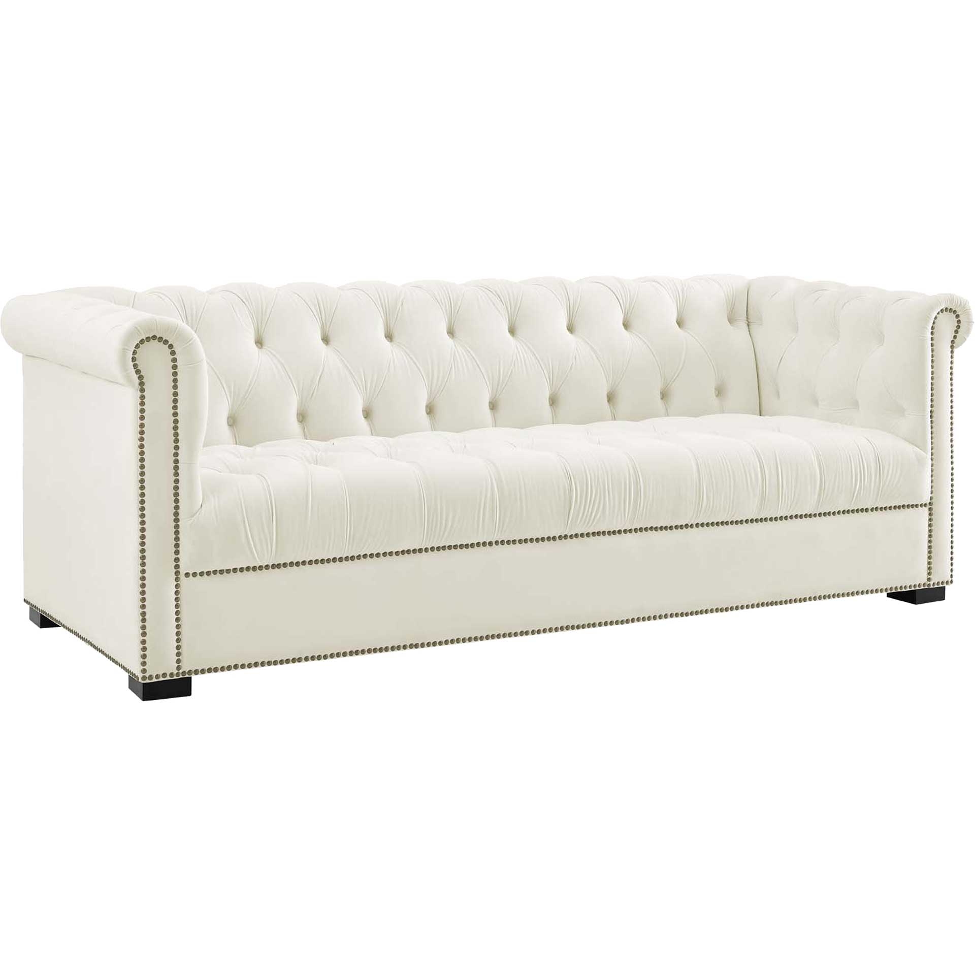 Sofa in Ivory Velvet with Nailhead Trim and Rolled Arms