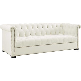 Sofa in Ivory Velvet with Nailhead Trim and Rolled Arms