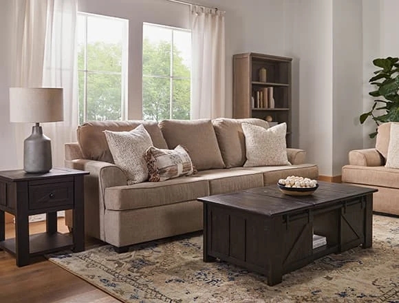 Sofa in Mocha Upholstery with Rustic Barn Door Styling