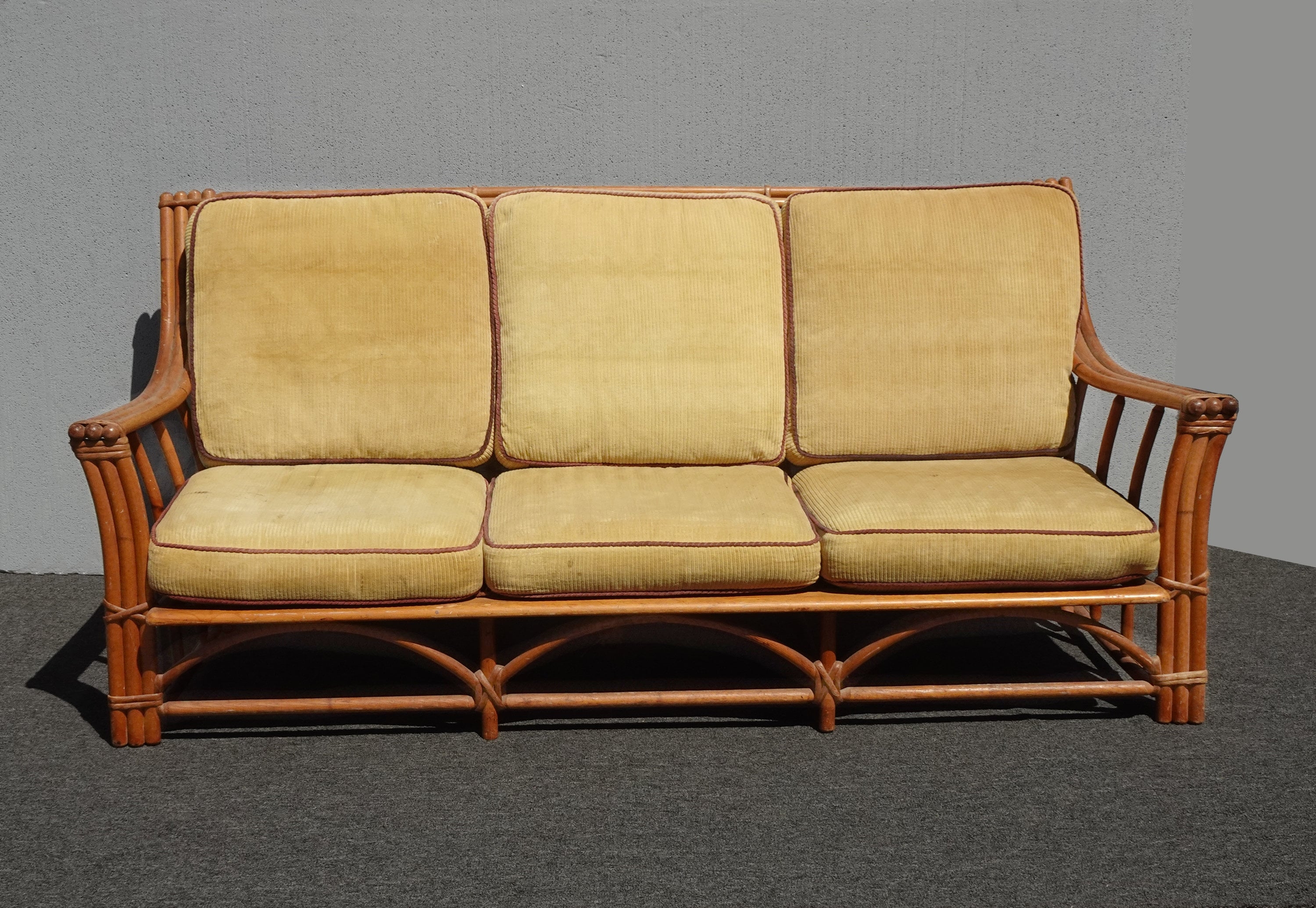 Sofa in Mustard Corduroy and Honey Vintage Rattan Sofa