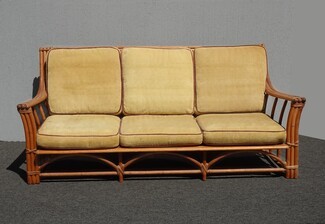 Sofa in Mustard Corduroy and Honey Vintage Rattan Sofa