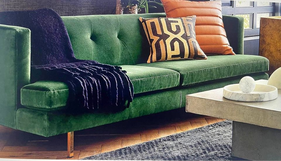 Sofa Polished Brass Legs Button Tufted Back Velvet