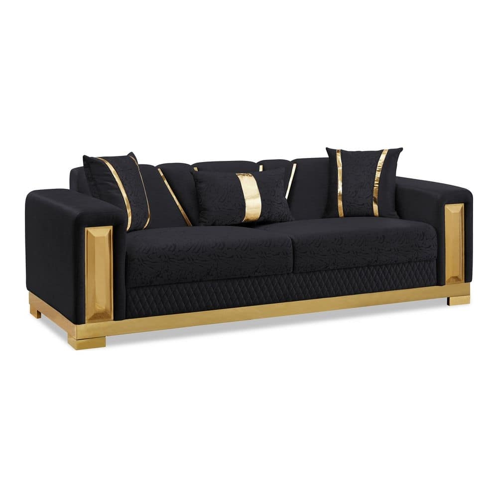 Sofa Quilted Base Damask Fabric Black and Gold Glam Seating