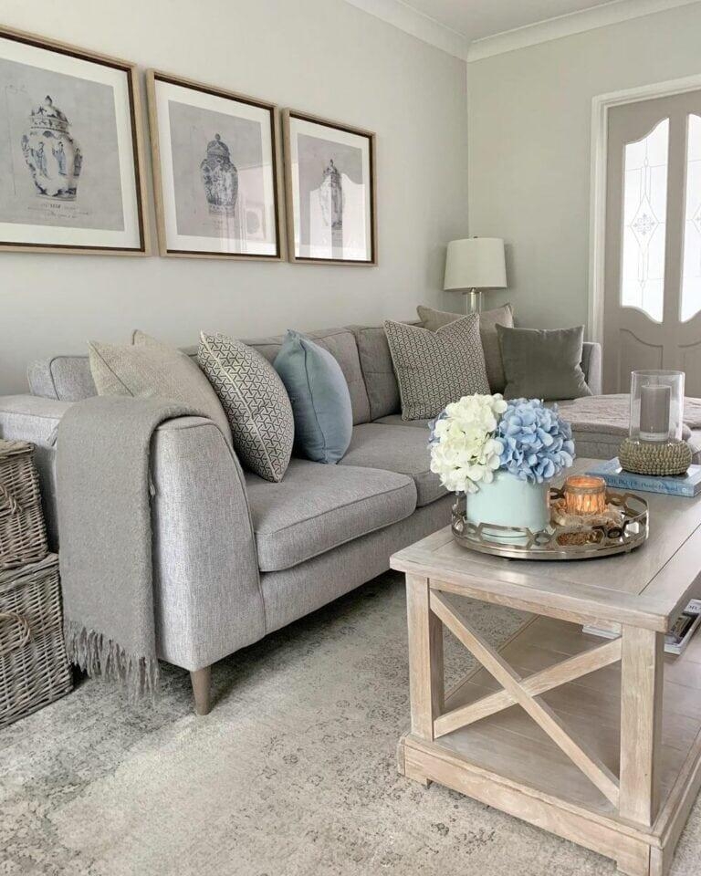 Sofa Sectional: Distressed Greige Rug with X-Brace Table