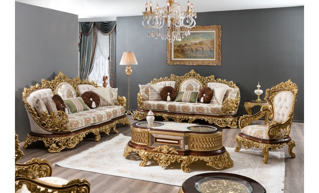 Sofa Set: Antique Gold Gilded Carvings with Ornate Coffee Table