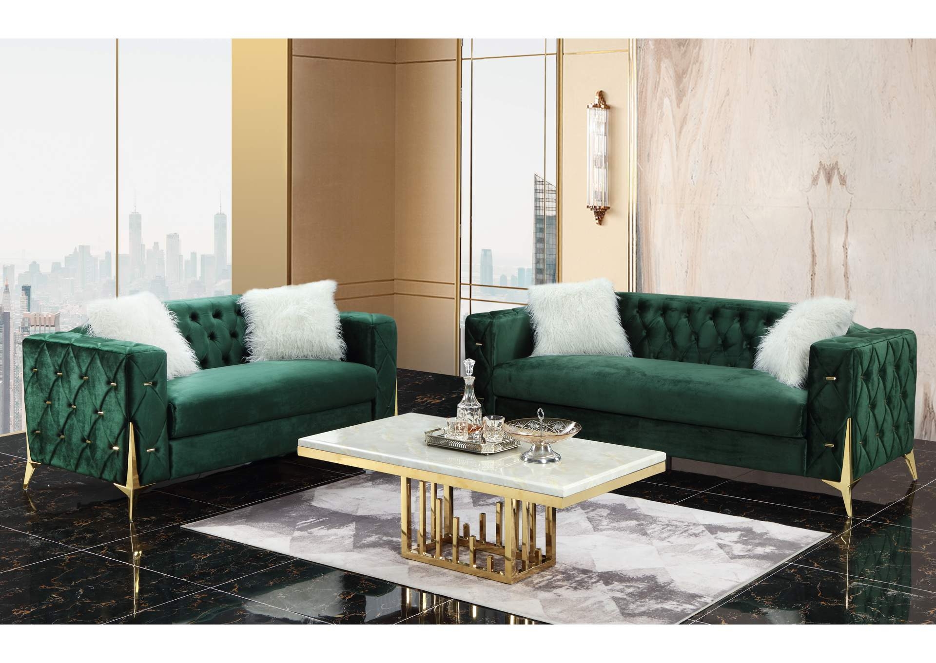 Sofa Set Architectural Metallic Legs Diamond Tufting