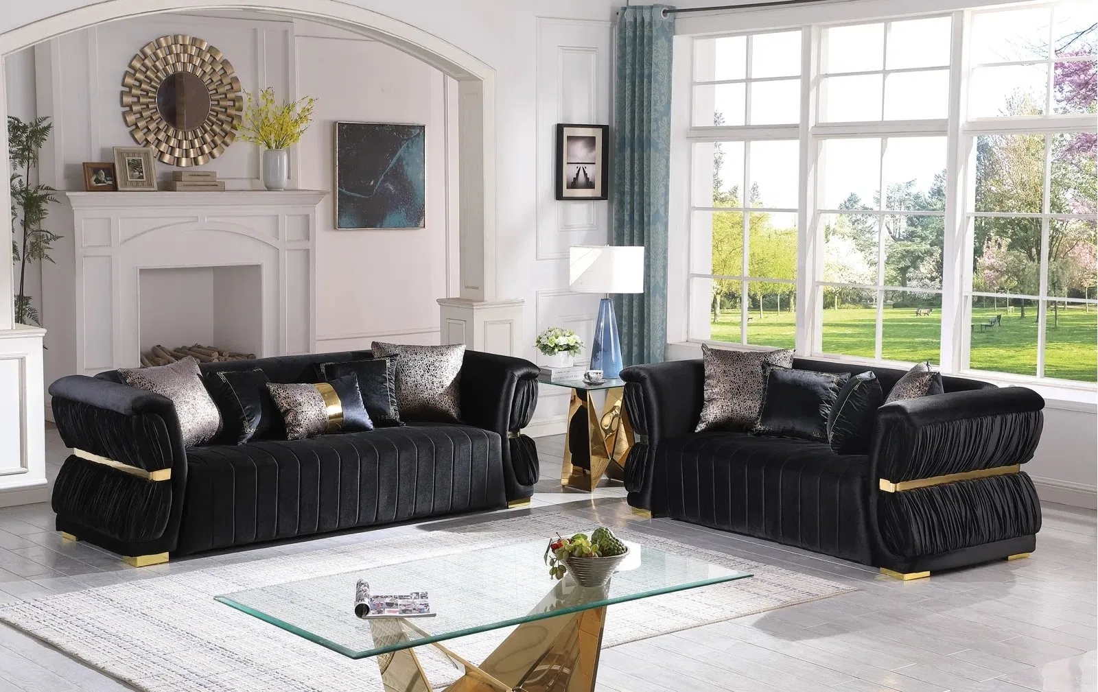 Sofa Set Brass Cuff Accents Ruched Velvet Channel Seating