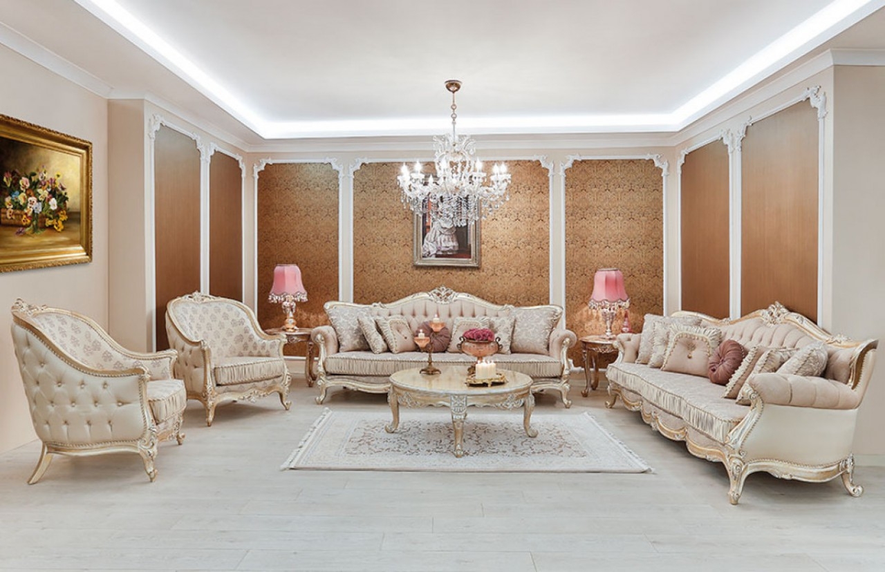 Sofa Set: Champagne Gold Finish Carved Frames and Tufted Seating