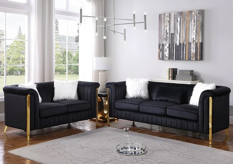 Sofa Set Channel Tufted Base Metal Bracket Legs Velvet Couch