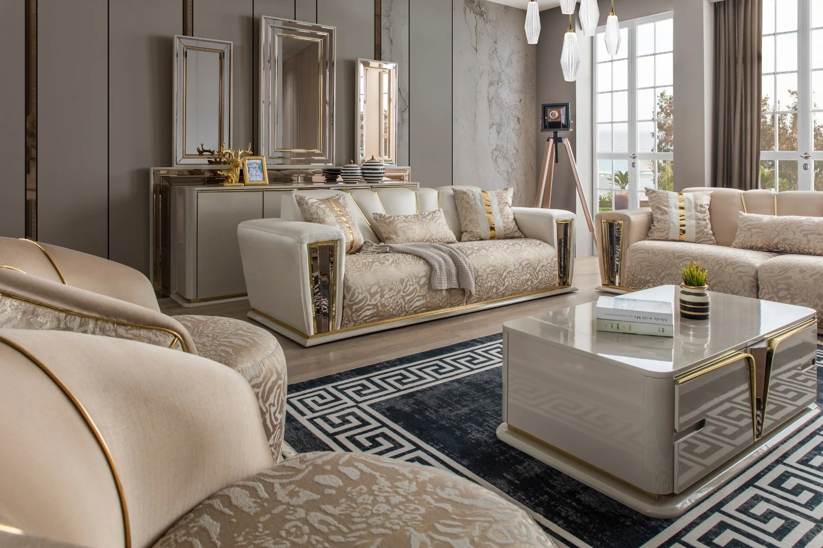 Sofa Set: Cream Glam Style Furniture with Gold Metallic Trim