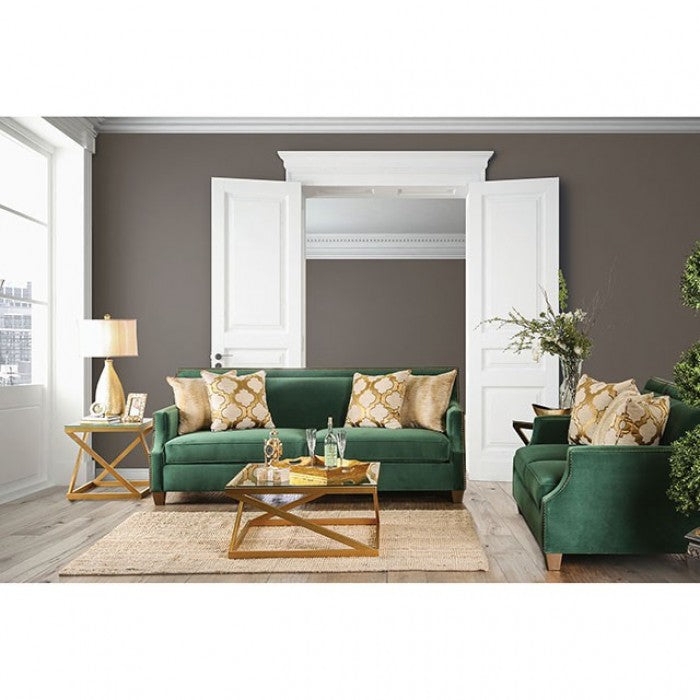 Sofa Set Geometric Gold Base Nailhead Detail Jewel