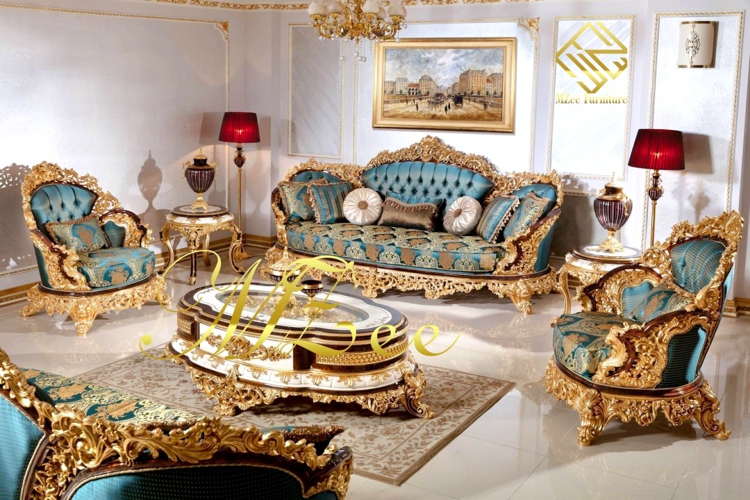 Sofa Set: Gold Gilt Carvings and Teal Damask Fabric Grand Salon