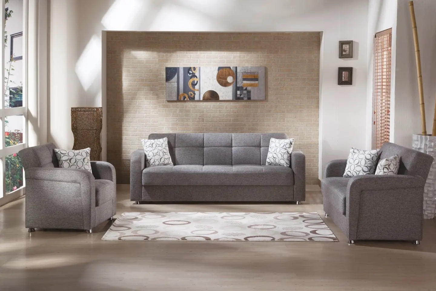 Sofa Set: Grid Stitching Charcoal Gray Upholstered Seating