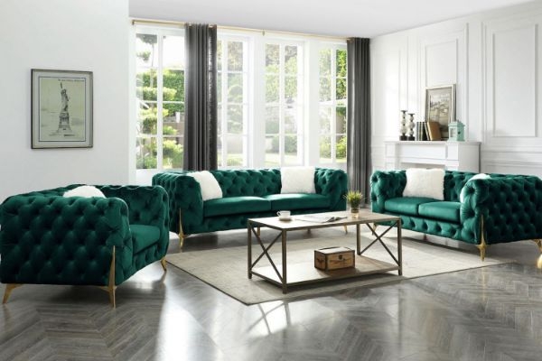 Sofa Set Low Profile Deep Tufting Emerald Velvet
