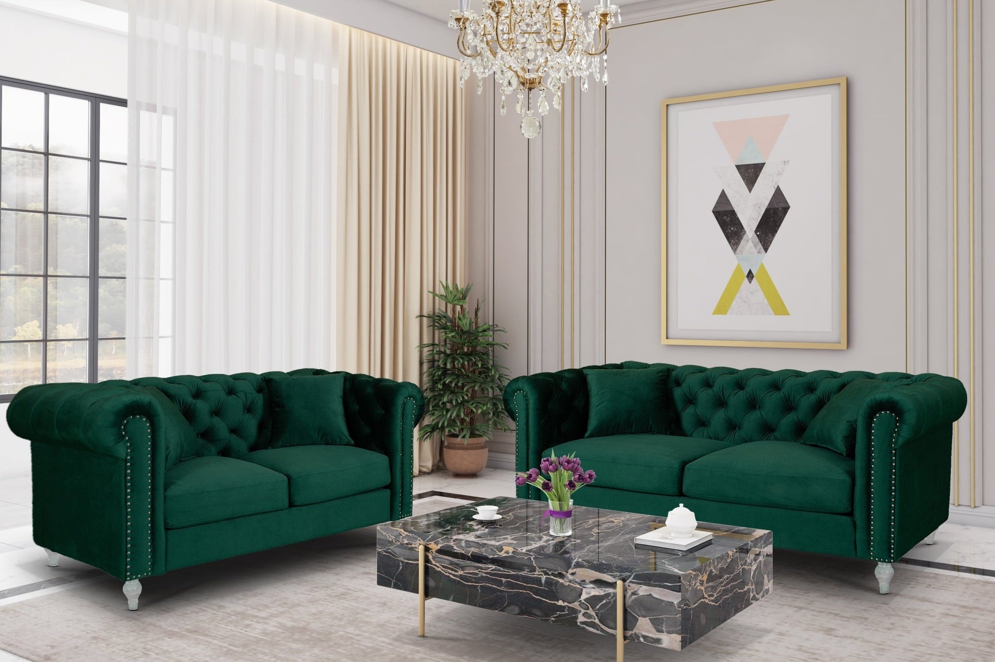 Sofa Set Marble Gold Table Tufted Chesterfield Set