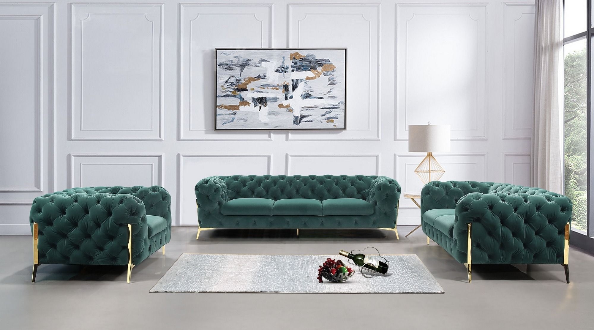 Sofa Set Metallic Stiletto Legs Deep Button Tufting
