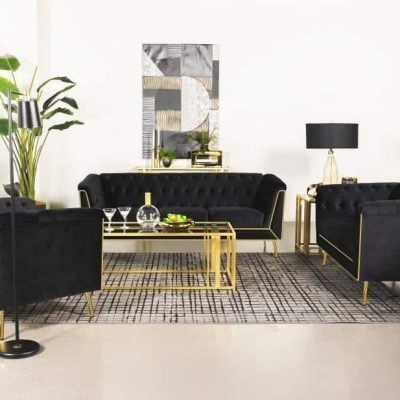 Sofa Set Minimalist Gold Base Black Tufted Velvet Frame