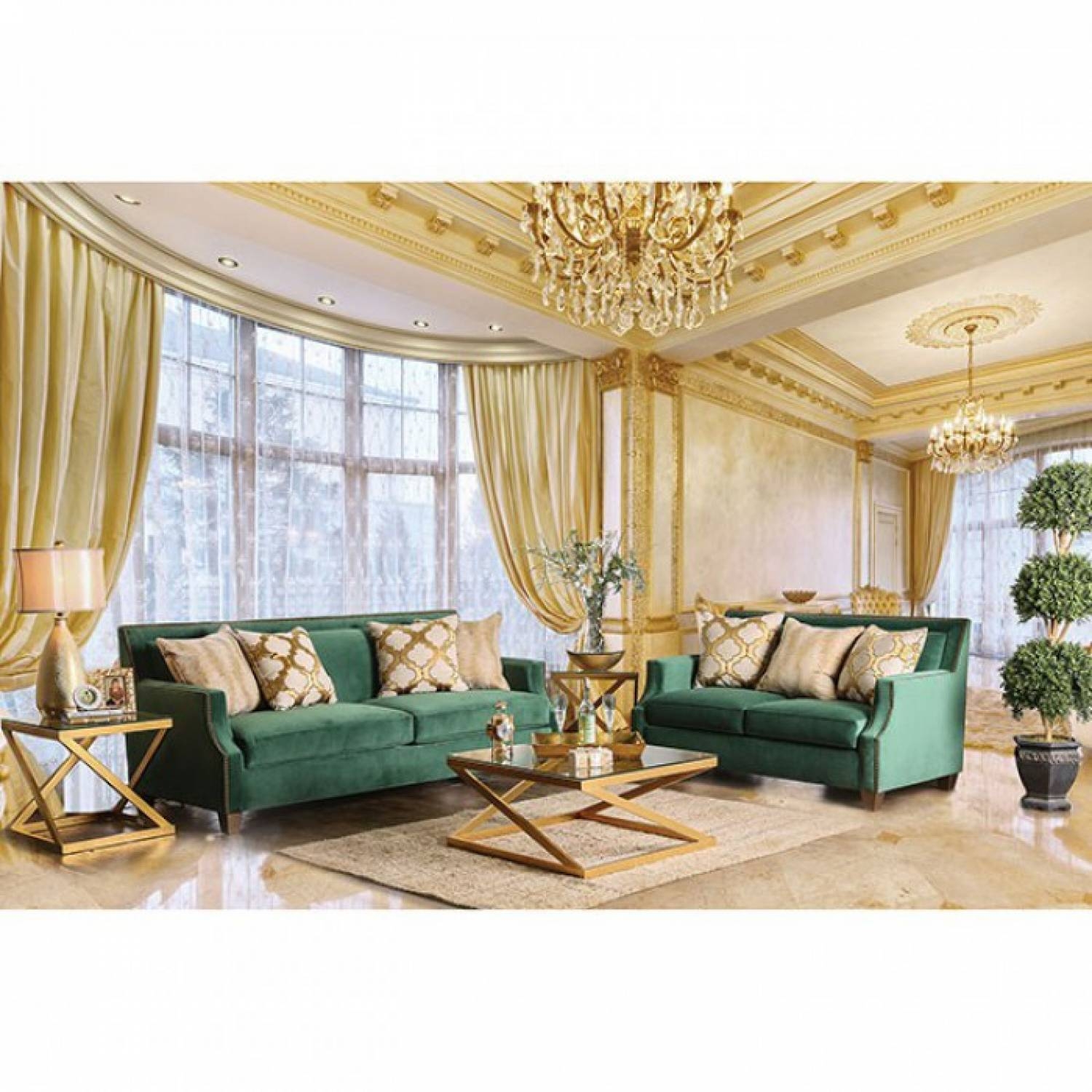 Sofa Set Ornate Formal Setting Emerald Green Set