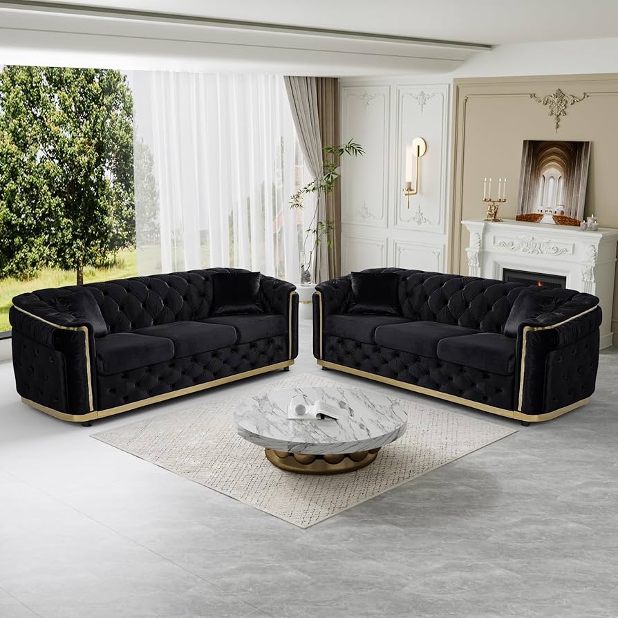 Sofa Set Shiny Plinth Base Onyx Velvet Tufted Backrest