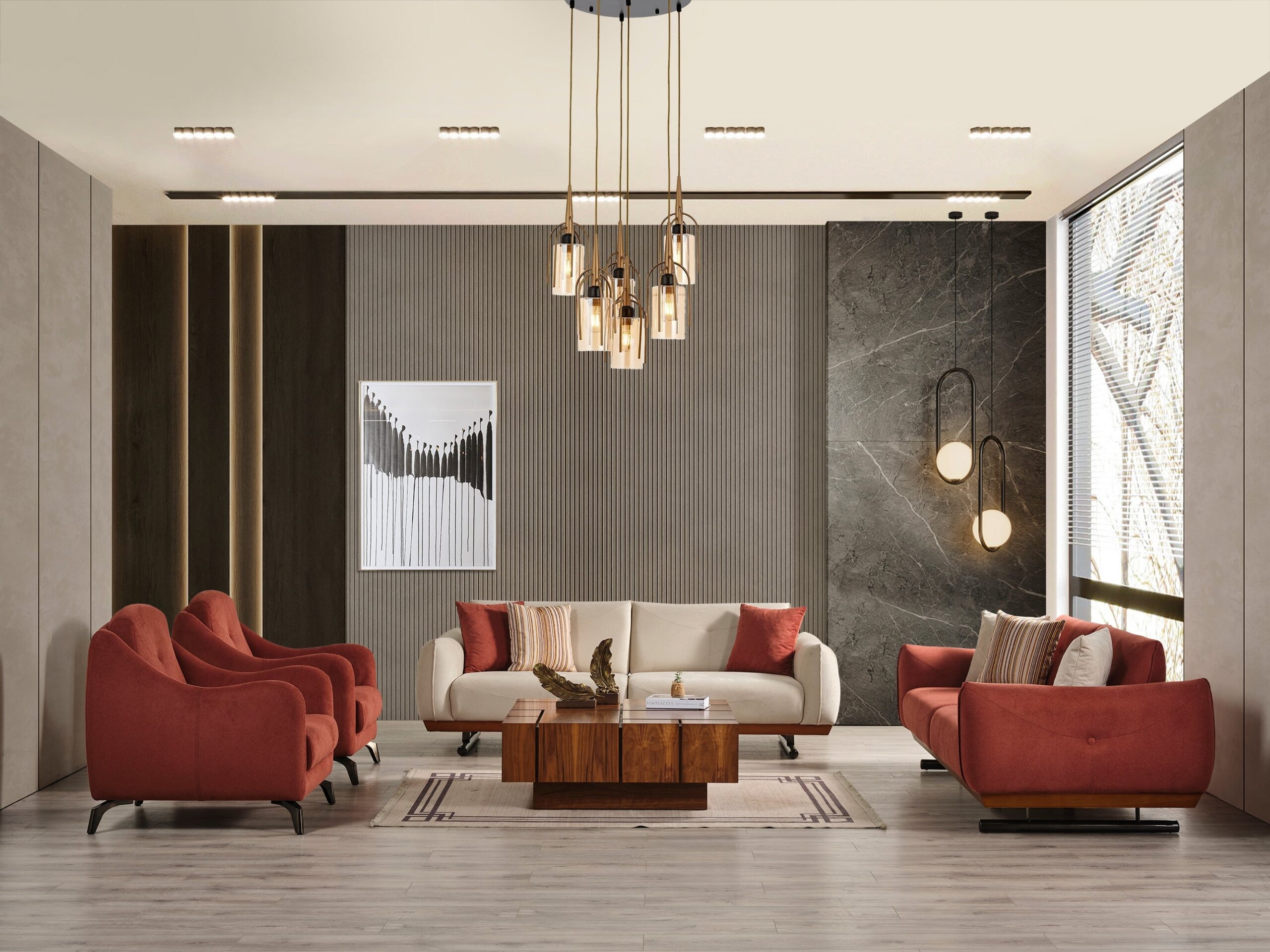 Sofa Set: Terracotta Red Upholstery with Modern Slatted Wall