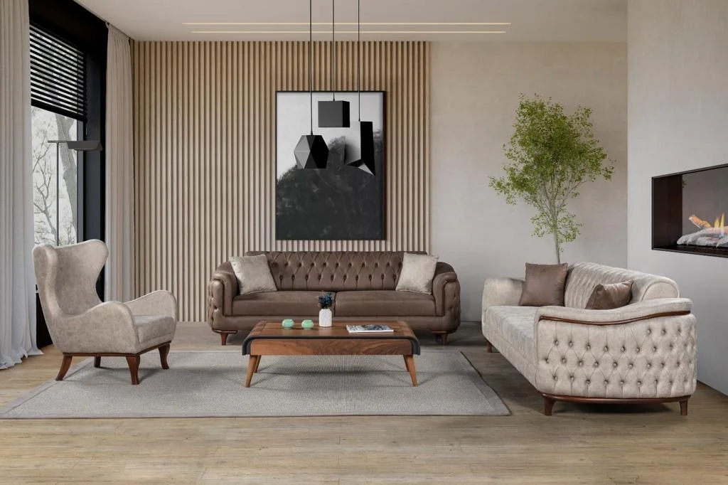 Sofa Set: Walnut Brown Tufted Turkish Furniture with Wood Legs