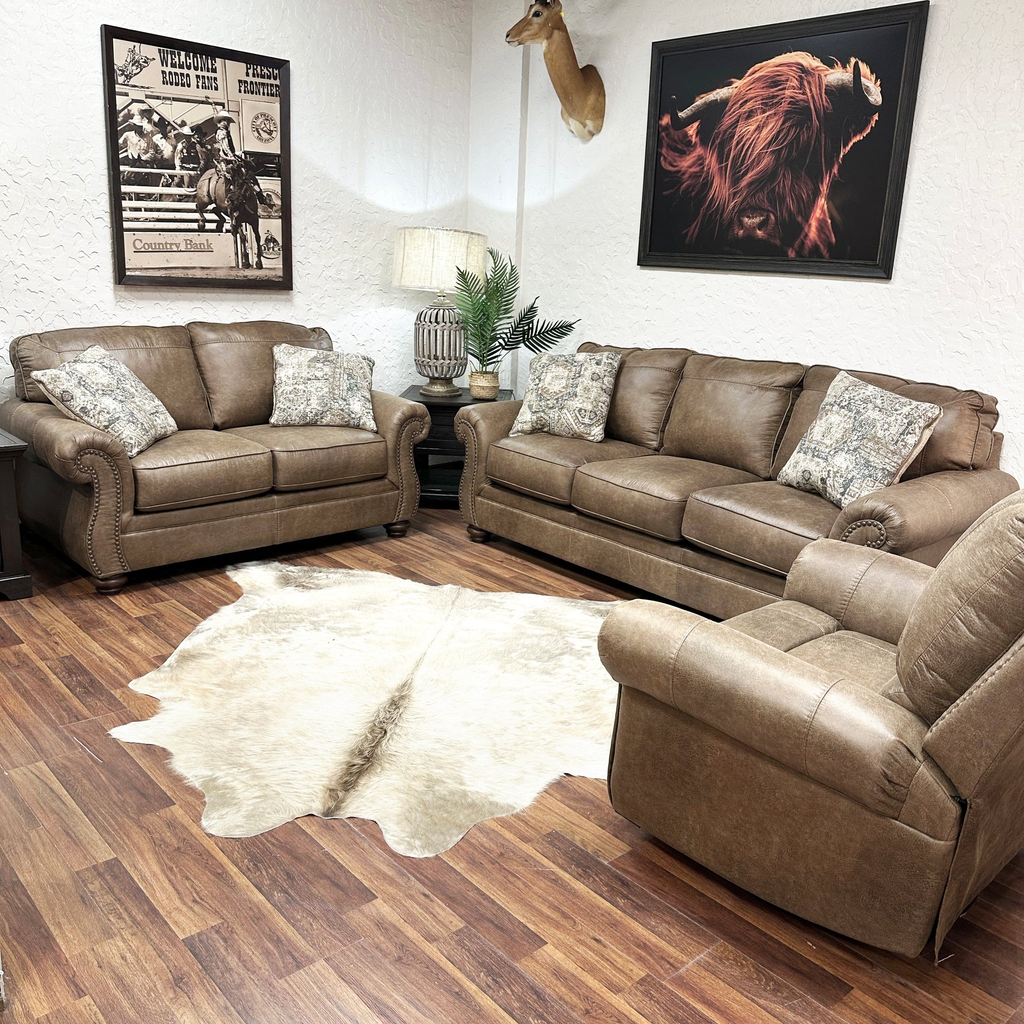 Sofa Set with Cowhide Rug and Western Ranch Furniture