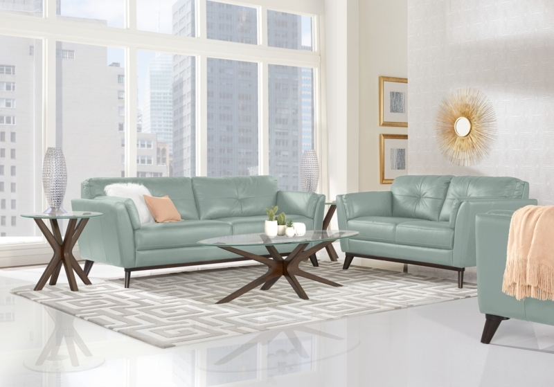 Sofa Set with Mint Green Upholstery and Architectural Table Base