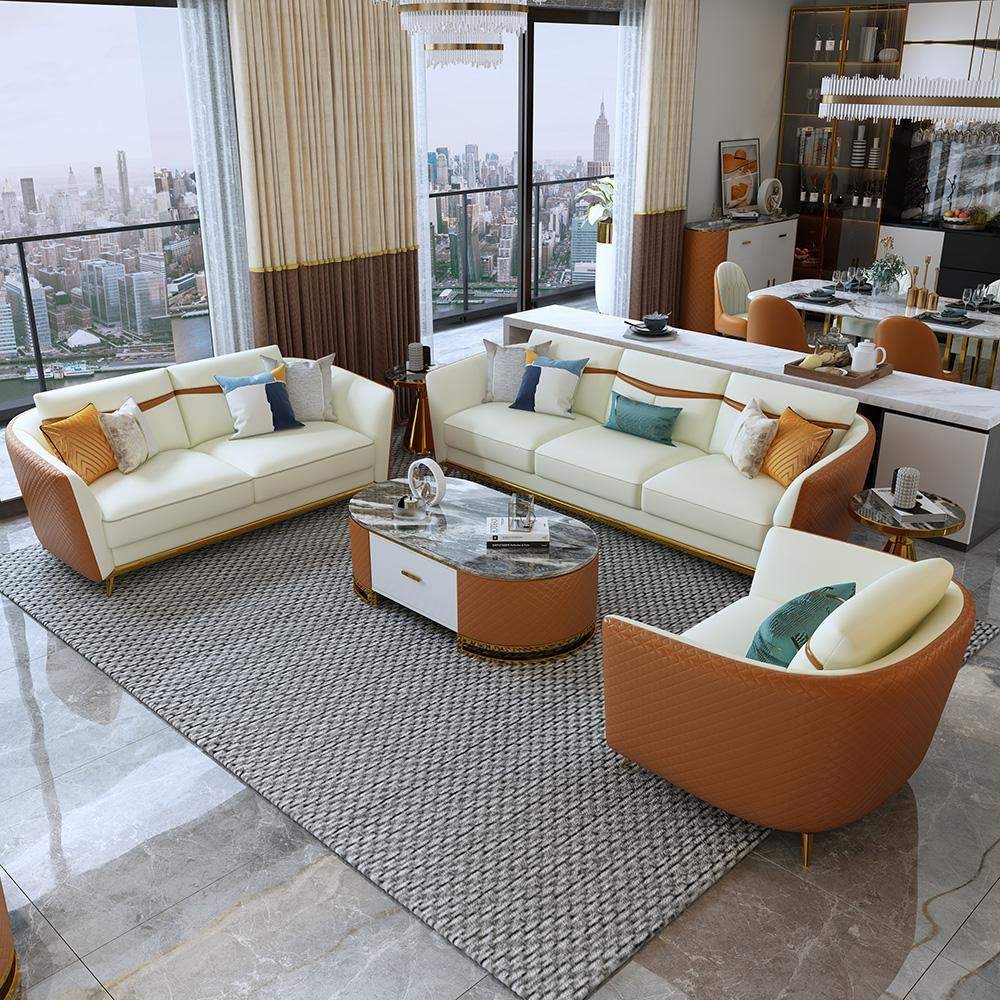 Sofa Set with Orange Outer Shell Diamond Quilted Trim