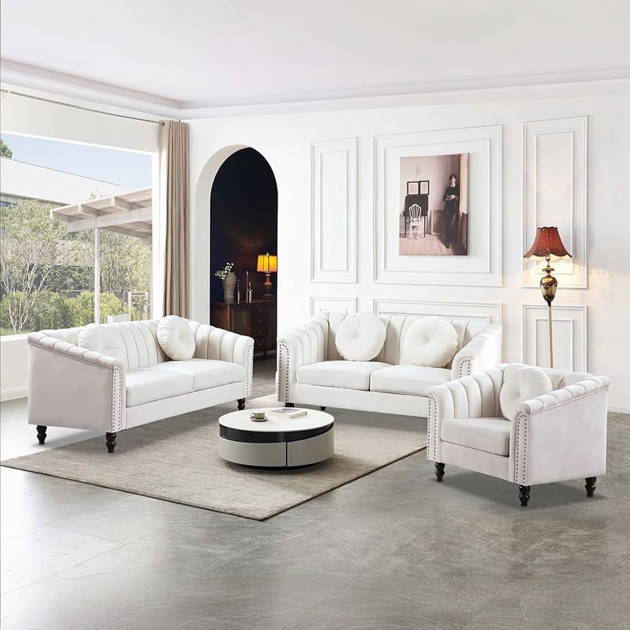 Sofa Set with Round Throw Pillows and Beige Velvet Couch