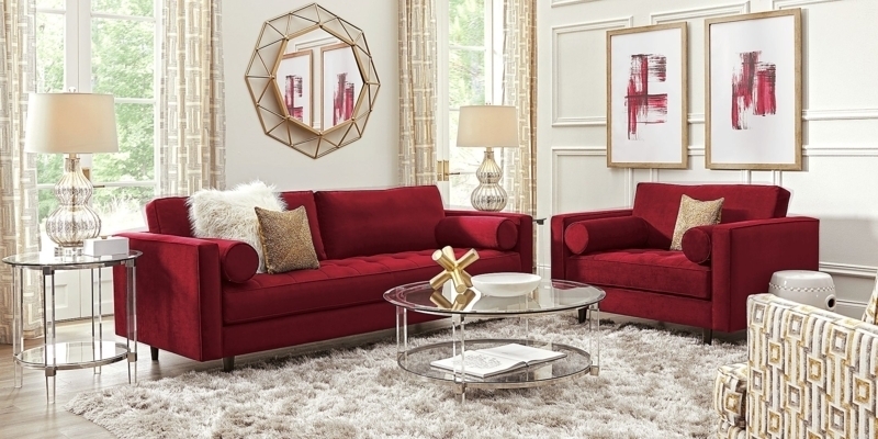 Sofa Set with Scarlet Red Plush and Acrylic Table Frames