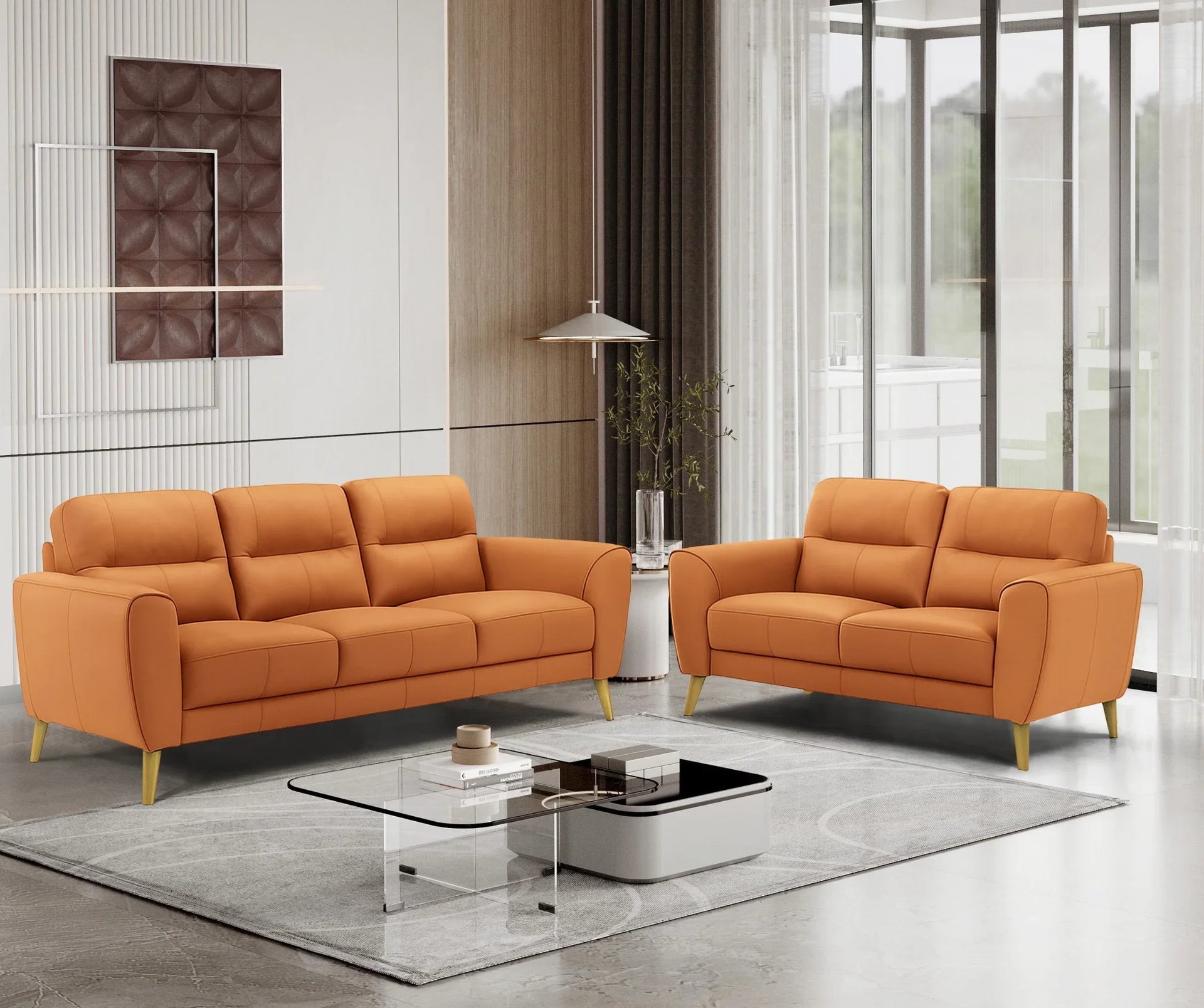 Sofa Set with Tufted Seam Detailing and Gold Legs