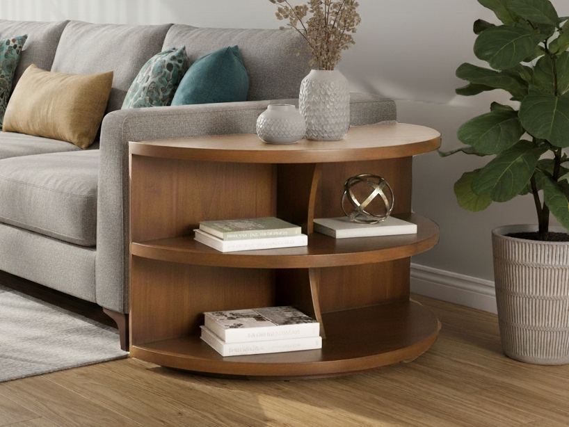 Sofa Table: Walnut Half Moon Wrap Around Side Storage