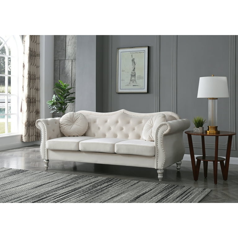 Sofa: Tufted Camelback Couch in Ivory Velvet Fabric